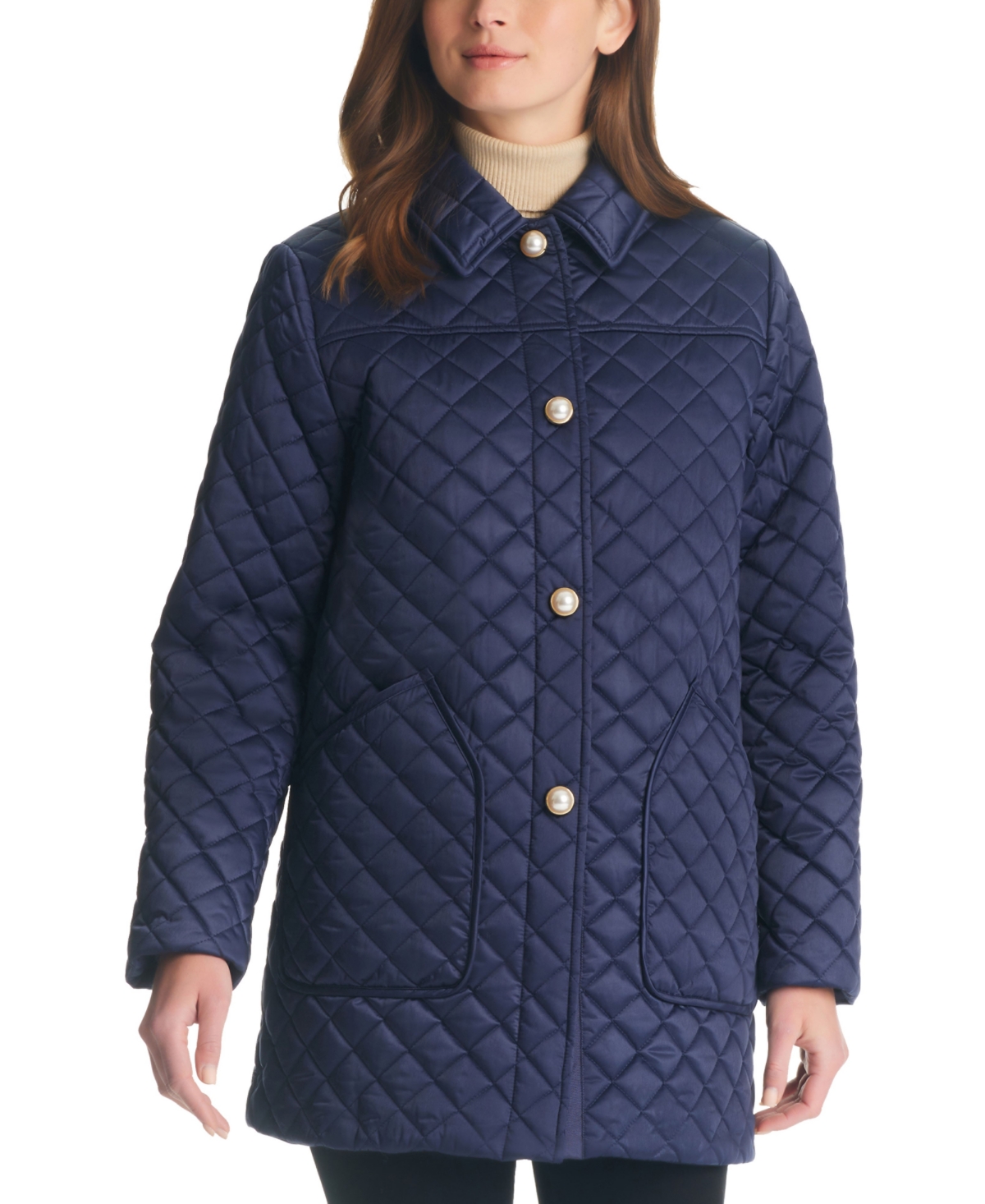 Shop Kate Spade Women's Imitation-pearl-button Quilted Coat In Midnight Navy