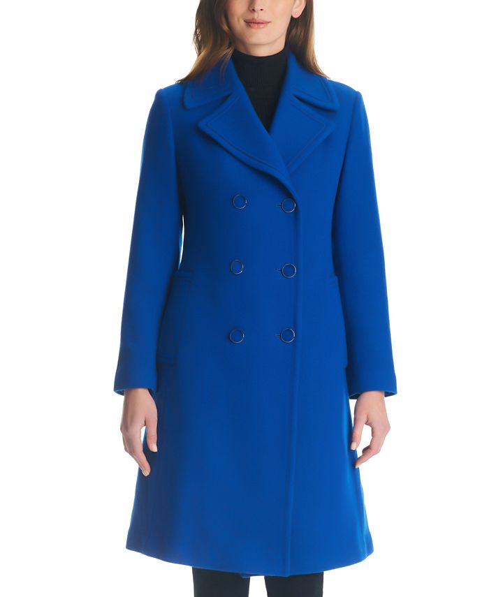 Kate Spade New York Women's Double-Breasted Wool Blend Peacoat - Stained Glass Blue - Size XL