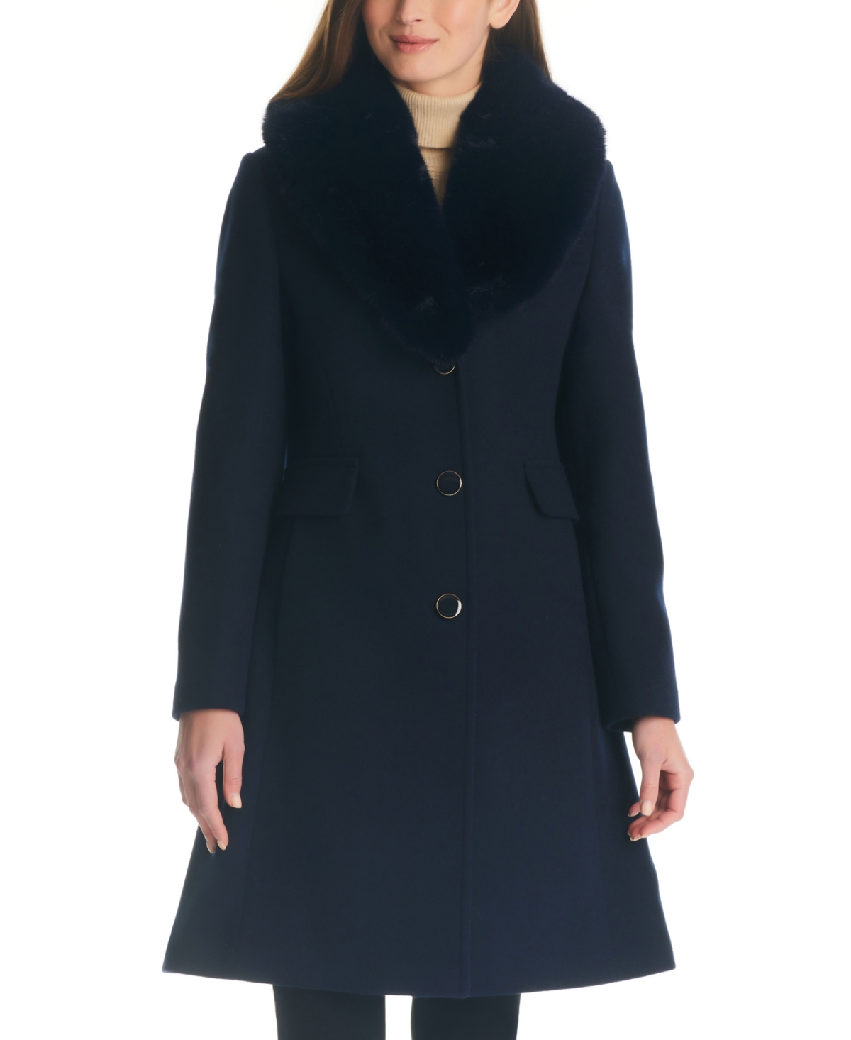 Shop Kate Spade Women's Faux-fur-collar Walker Coat In Midnight Navy