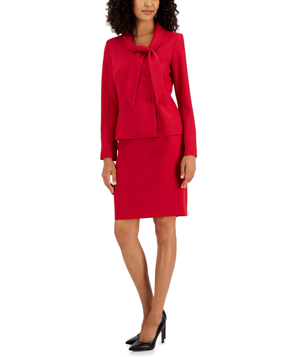 Le Suit Women's Crepe Three-button Tie-collar Jacket & Slim Pencil Skirt Suit In Cherry