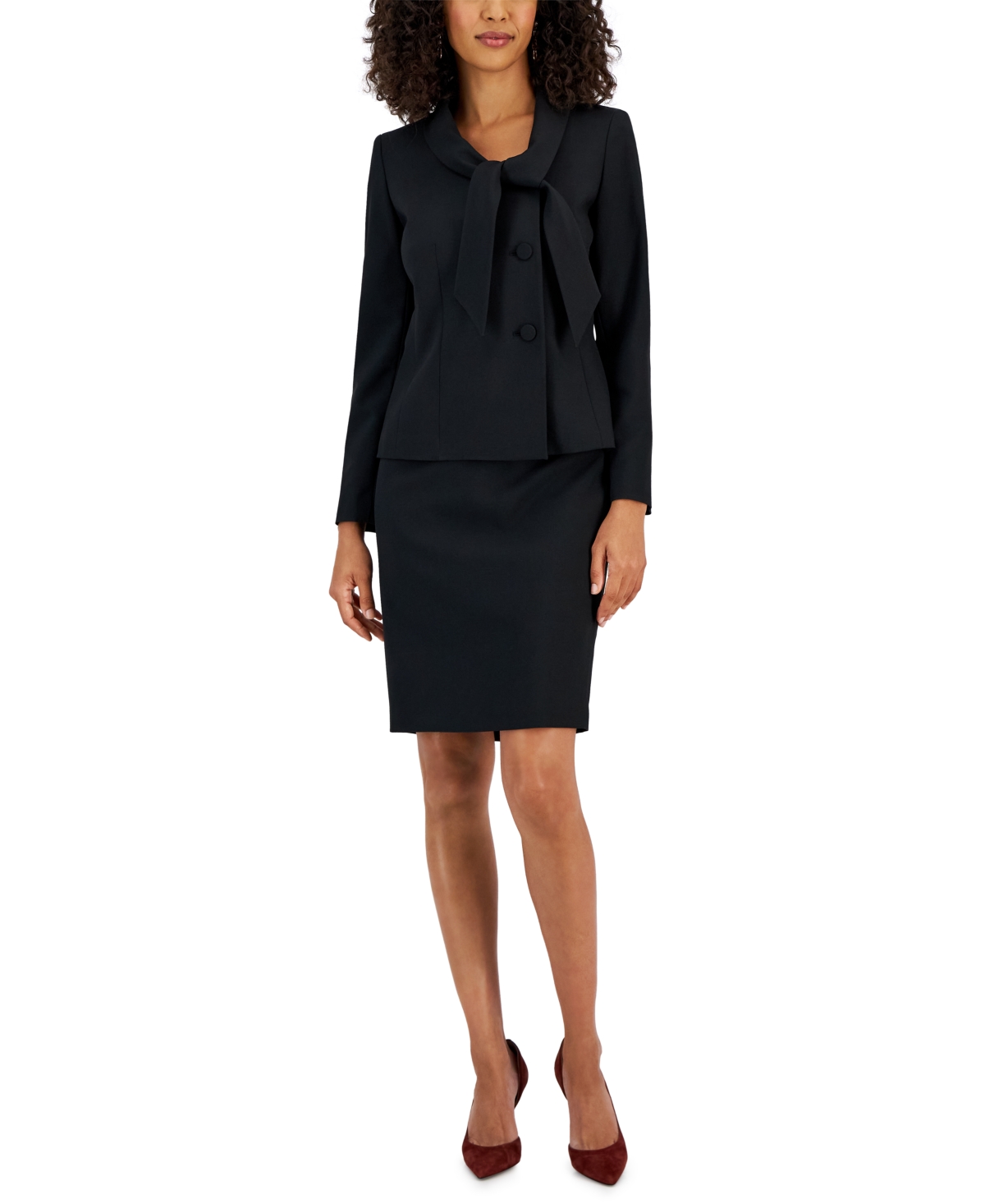 Women's Crepe Three-Button Tie-Collar Jacket & Slim Pencil Skirt Suit - Black