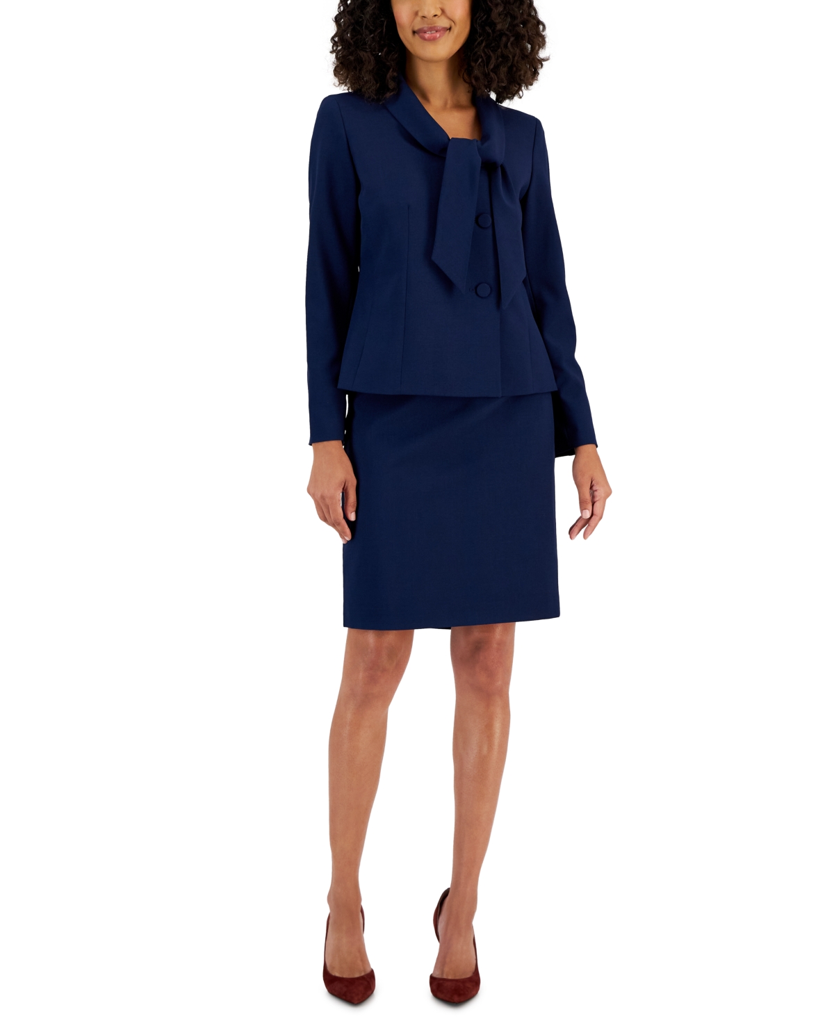 Le Suit Women's Crepe Three-button Tie-collar Jacket & Slim Pencil Skirt Suit In Indigo
