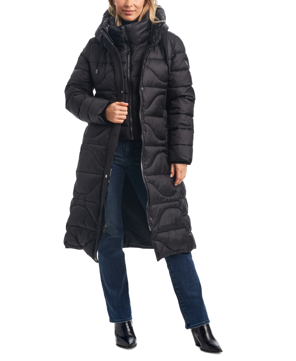 Women's Belted Quilted Hooded Puffer Coat - Black