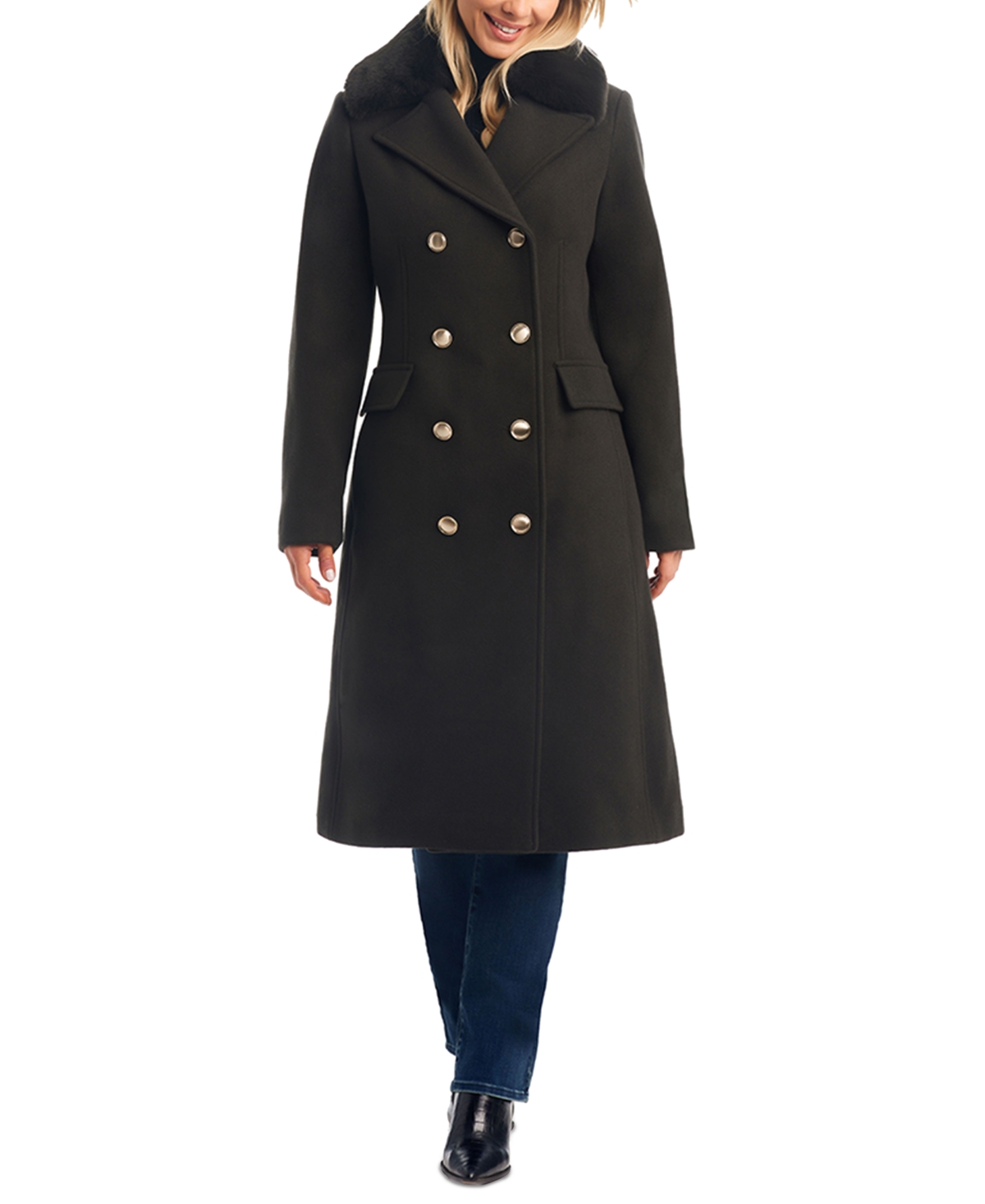 Women's Double-Breasted Faux-Fur-Collar Wool Blend Coat - Olive