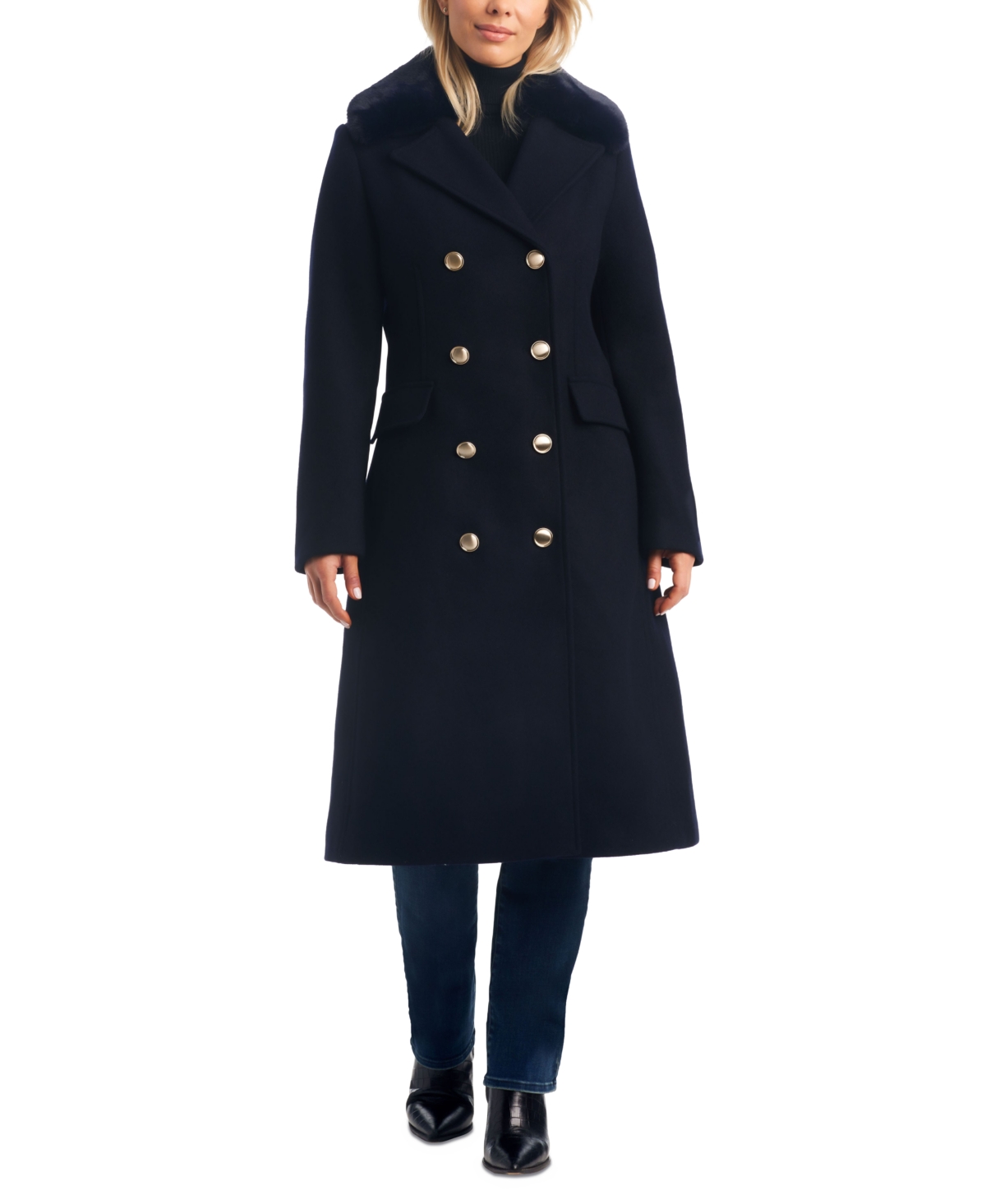 VINCE CAMUTO WOMEN'S DOUBLE-BREASTED FAUX-FUR-COLLAR WOOL BLEND COAT