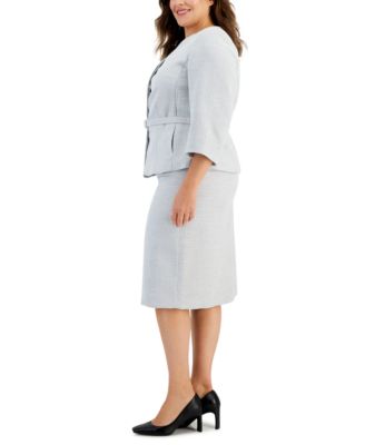 Plus Size Metallic Tweed Belted Jacket & Pencil Skirt Suit Set