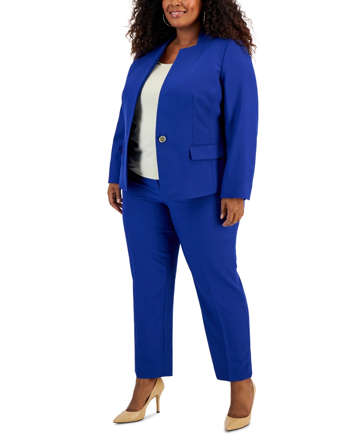 Le Suit Plus Size Crepe Single Button Jacket & Elastic-back Pants In Twilight Blue