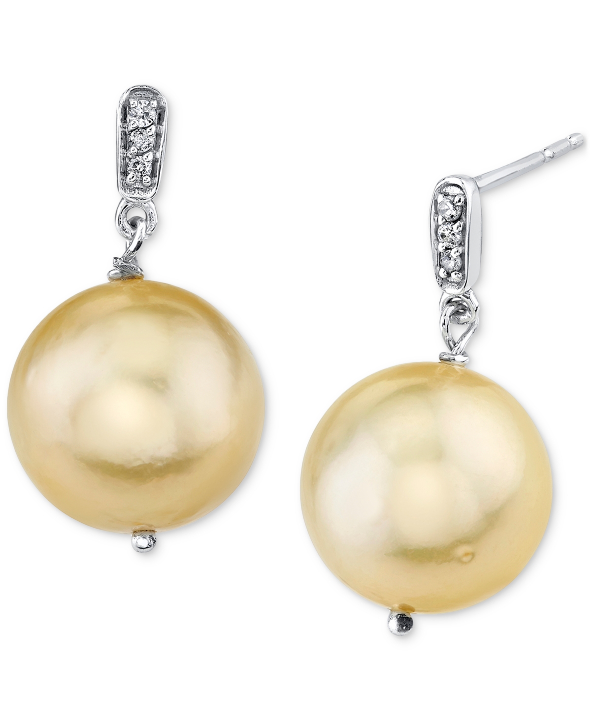 Macy's Cultured Golden South Sea Pearl (9mm) & Diamond Accent Drop Earrings In Sterling Silver