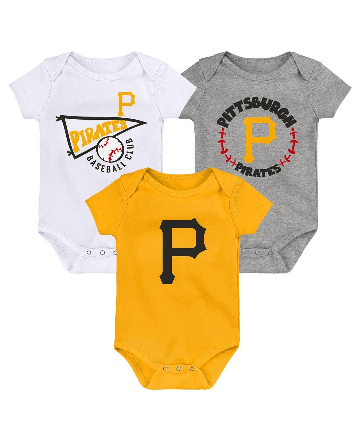 Outerstuff Infant Boys And Girls Gold, White, Heather Gray Pittsburgh Pirates Biggest Little Fan 3-pack Bodysui In Gold,white,heather Gray