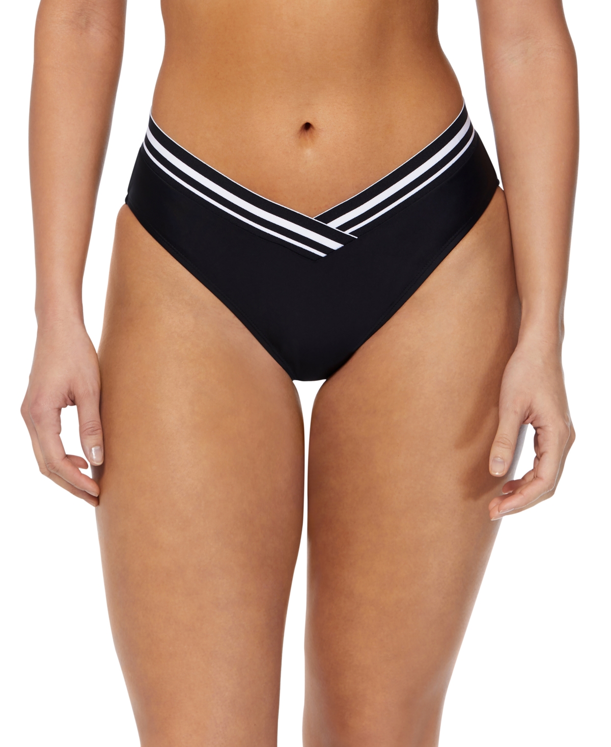 Women's Striped-Trim V-Waist Bikini Bottoms - Black