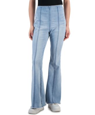 Tinseltown Juniors' Seamed Frayed-Hem High-Waist Pull-On Denim