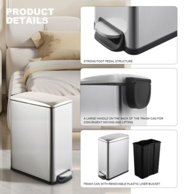 2.6 Gal./10 Liter Slim Stainless Steel Step-on Trash Can for Bathroom and Office
