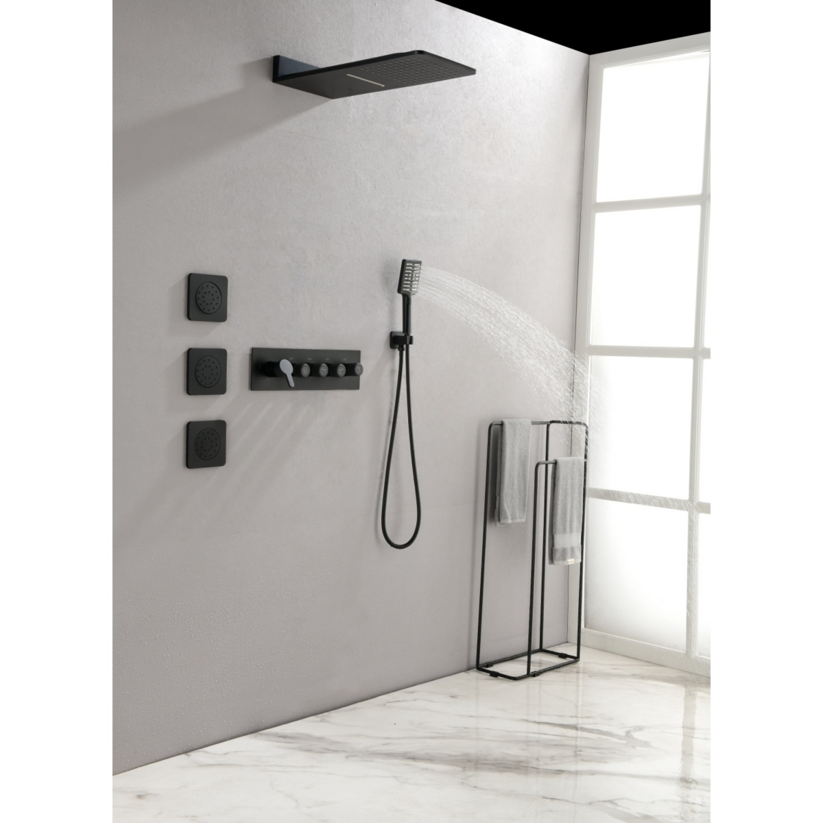 Wall Mounted Waterfall Rain Shower System With 3 Body Sprays & Handheld Shower - Black