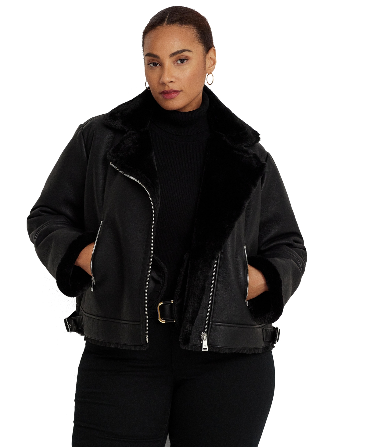 Shop Lauren Ralph Lauren Women's Plus Size Faux-shearling Moto Jacket In Black