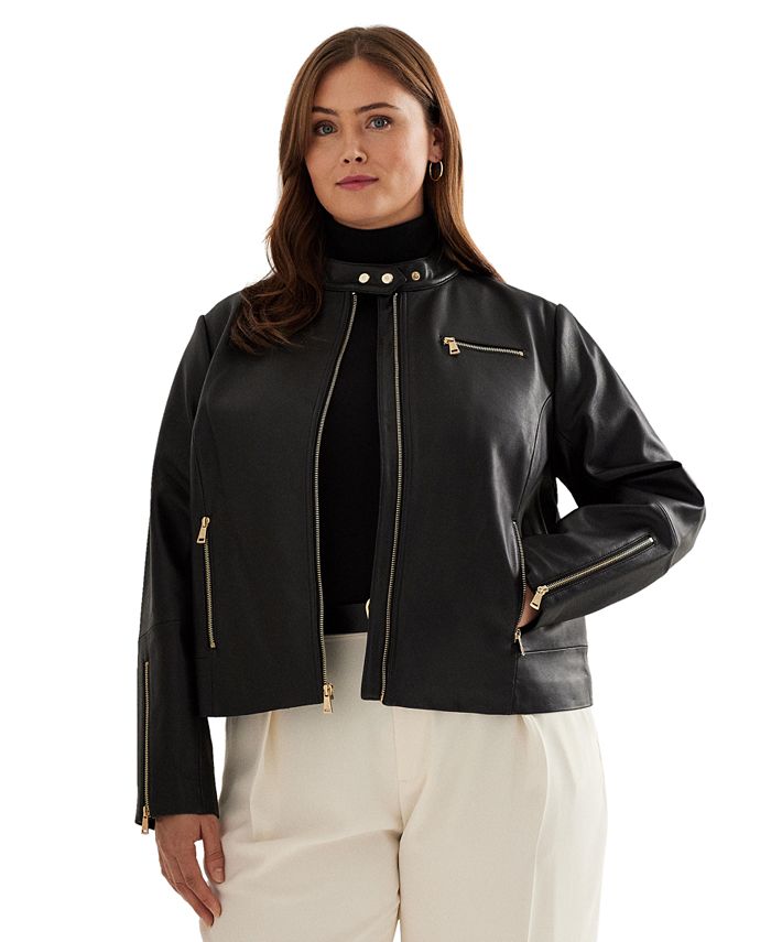 Lauren Ralph Lauren Women's Plus Size Leather Moto Jacket - Macy's