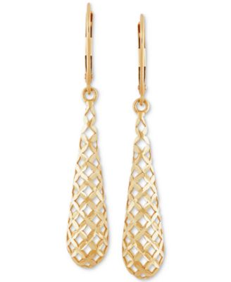 Lattice Work Elongated Teardrop Leverback Drop Earrings in 10k Gold