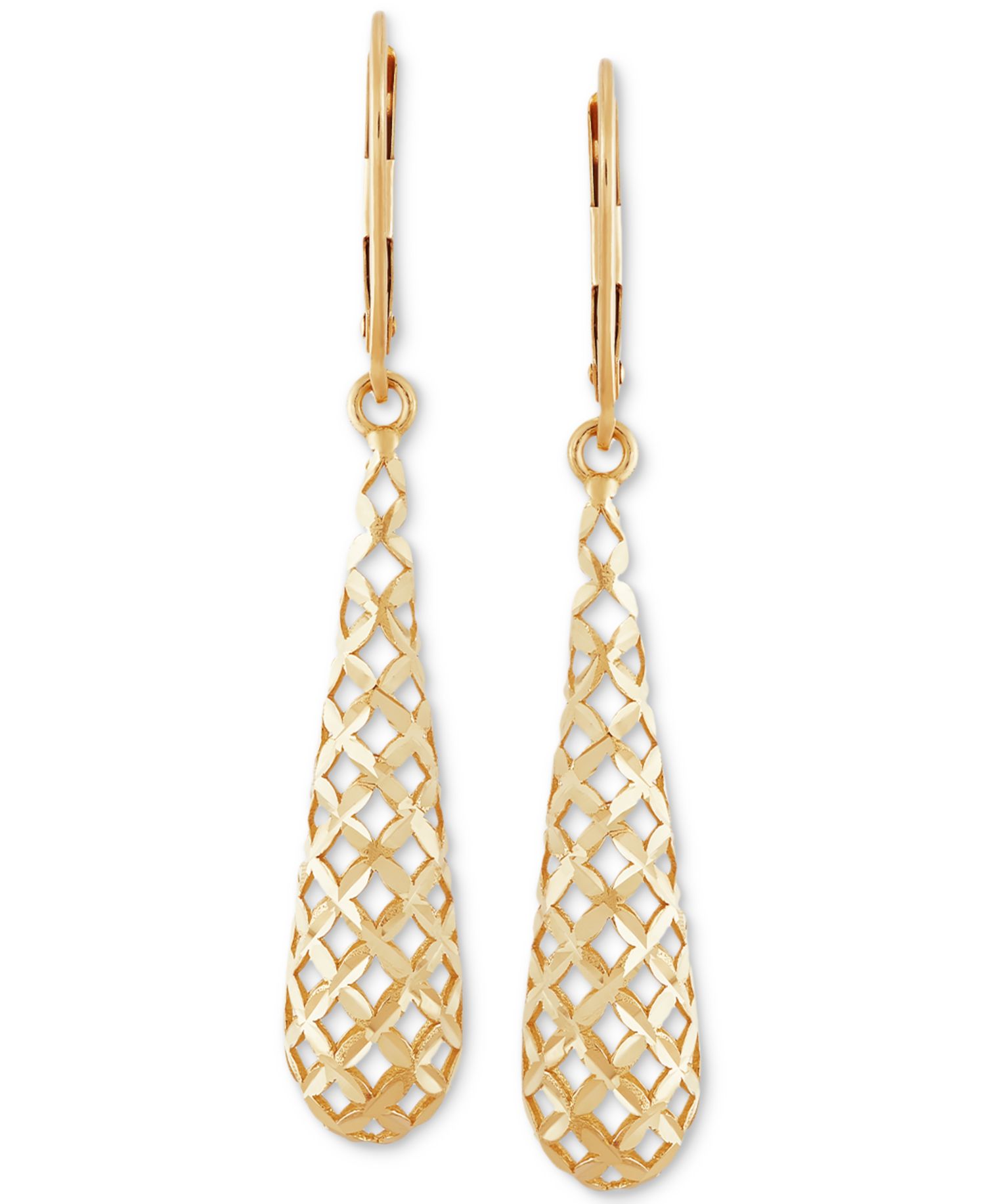 Lattice Work Elongated Teardrop Leverback Drop Earrings in 10k Gold
