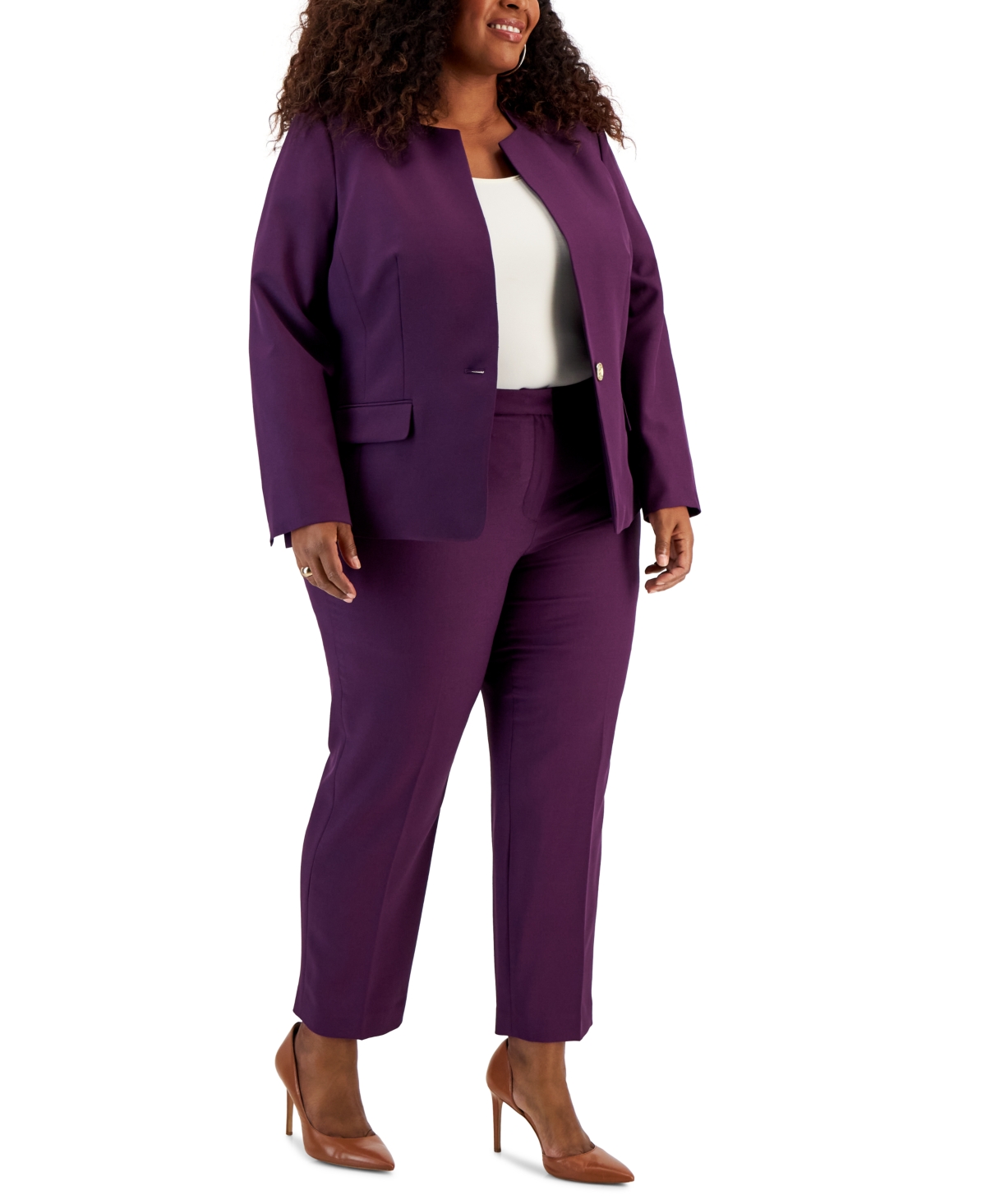 Le Suit Plus Size Crepe Single Button Jacket & Elastic-back Pants In Plum