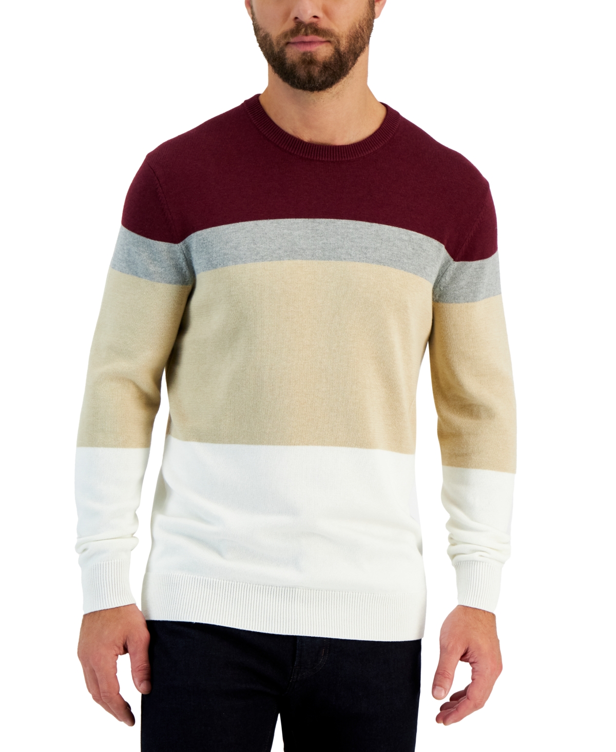 Men's Elevated Marled Colorblocked Long Sleeve Crewneck Sweater, Created for Macy's - Red Plum