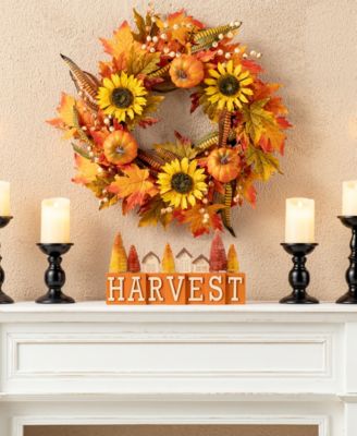 14" L Harvest Wooden House/Brush Trees Table Decor