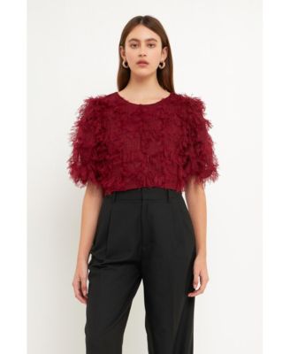 Women's Gridded Mesh Feathered Cropped Top