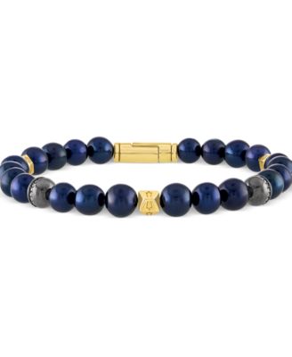 Bulova - Men's Marine Star Blue Pearl (8mm) & Diamond (1/5 ct. t.w.) Beaded Bracelet in 14k Gold-Plated Sterling Silver