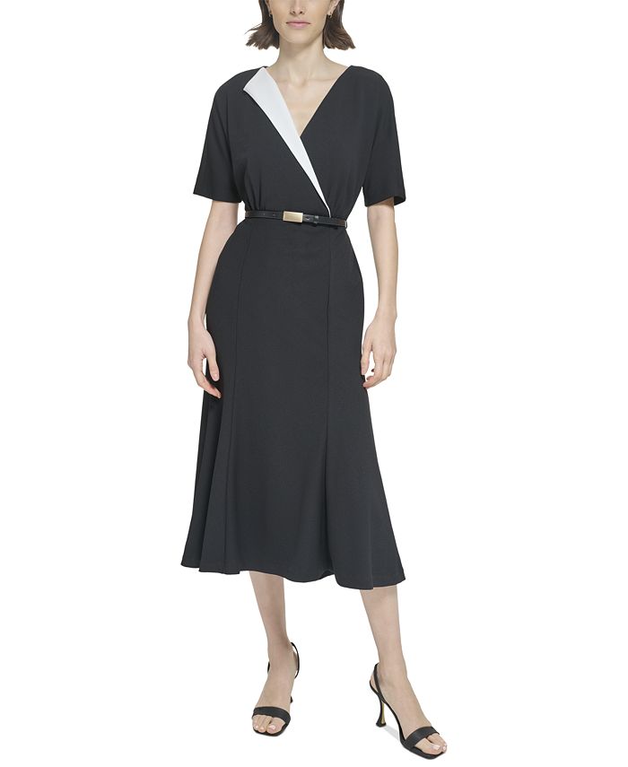 Calvin Klein Women's Asymmetric Surplice Belted Dress - Macy's