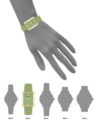 Women's Three Hand Quartz Rectangular Gold-Tone Alloy and Green Genuine Leather Strap Watch, 32mm