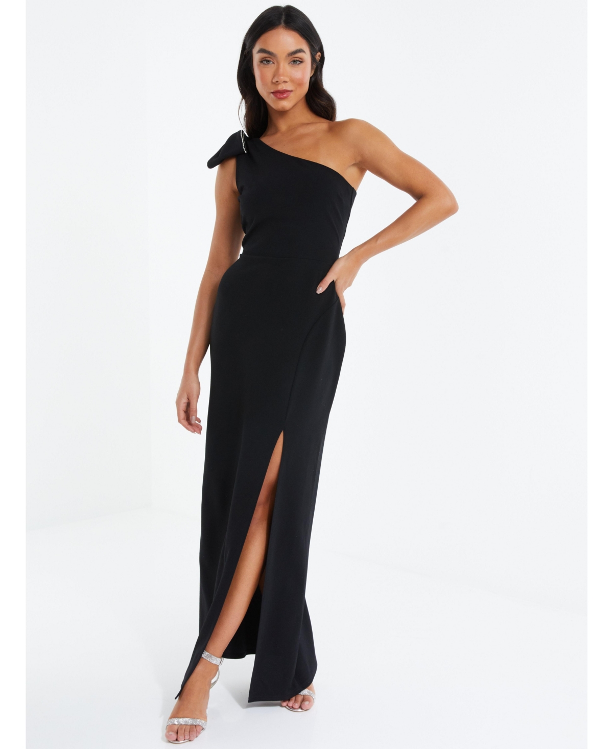 Quiz One Shoulder Bow Detail Maxi Dress In Black