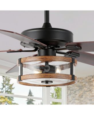 Joanna 52" 2-Light Rustic Industrial Iron, Wood, Seeded Glass Mobile-App, Remote-Controlled LED Ceiling Fan