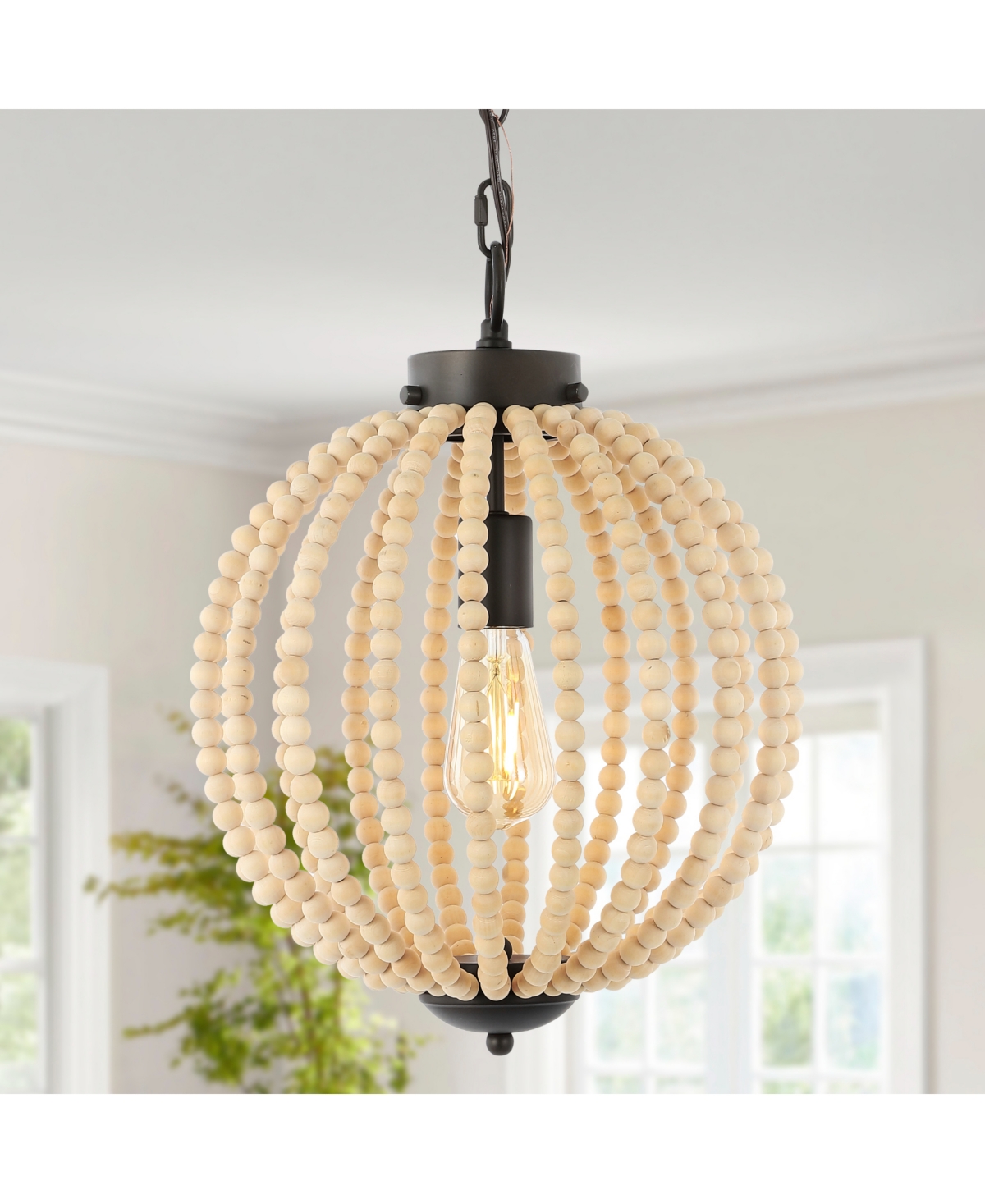 Abril 12.5" 1-Light Rustic Bohemian Iron, Wood Bead Led Pendant