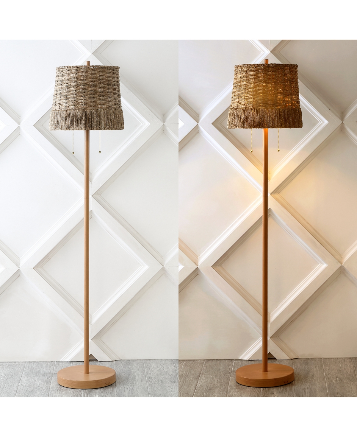 Ocata 2-Light Coastal Bohemian Iron, Rattan Led Floor Lamp with Pull-Chain