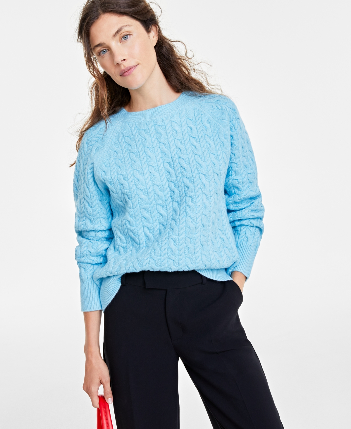 On 34th Women's Perfect Cable-knit Crewneck Sweater, Created For Macy's In Blue Rivieria