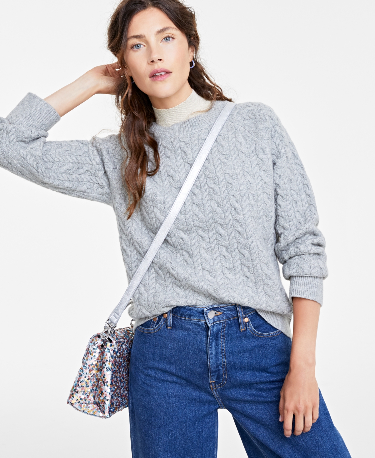 On 34th Women's Perfect Cable-knit Crewneck Sweater, Created For Macy's In Light Grey Heather