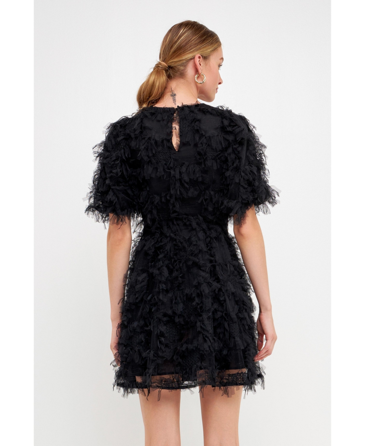 endless rose Women's Gridded Mesh Feathered Puff Sleeve Mini Dress