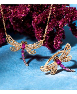 Multi-Gemstone (3/8 ct. t.w.) & Diamond (1/6 ct. t.w.) Dragonfly Pendant Necklace in 14k Rose Gold, 18" + 2" extender