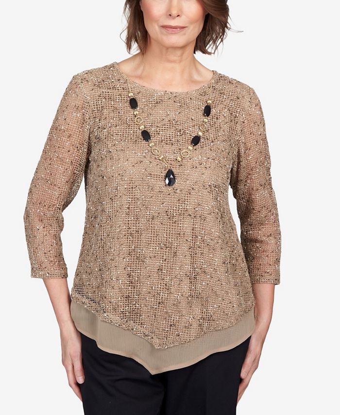 Alfred Dunner Petite Marrakech Popcorn Pointed Hem Necklace Top - Macy's