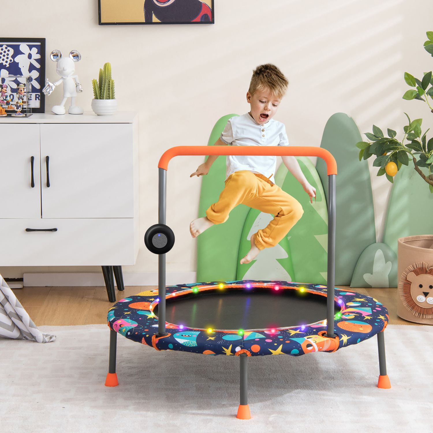 36'' Mini Toddler Trampoline W/LED Bluetooth Speaker Detachable Handle