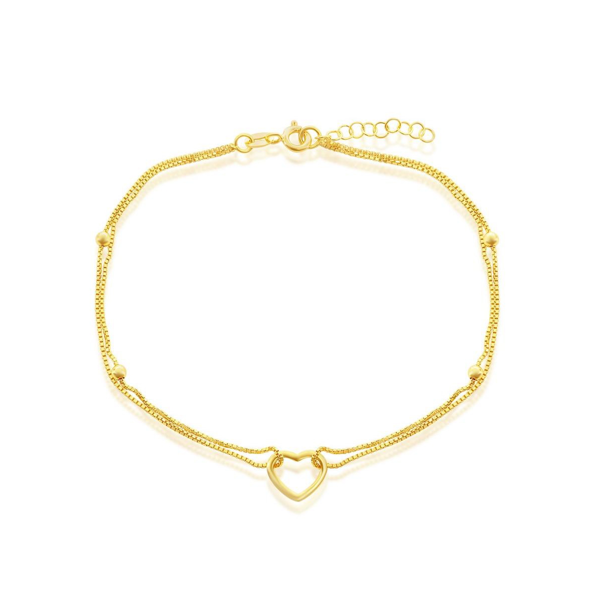 Sterling Silver Double Strand & Open Heart Anklet - Gold
