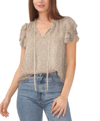 1.STATE - Women's Floral Flutter-Sleeve Tie-Neck Blouse