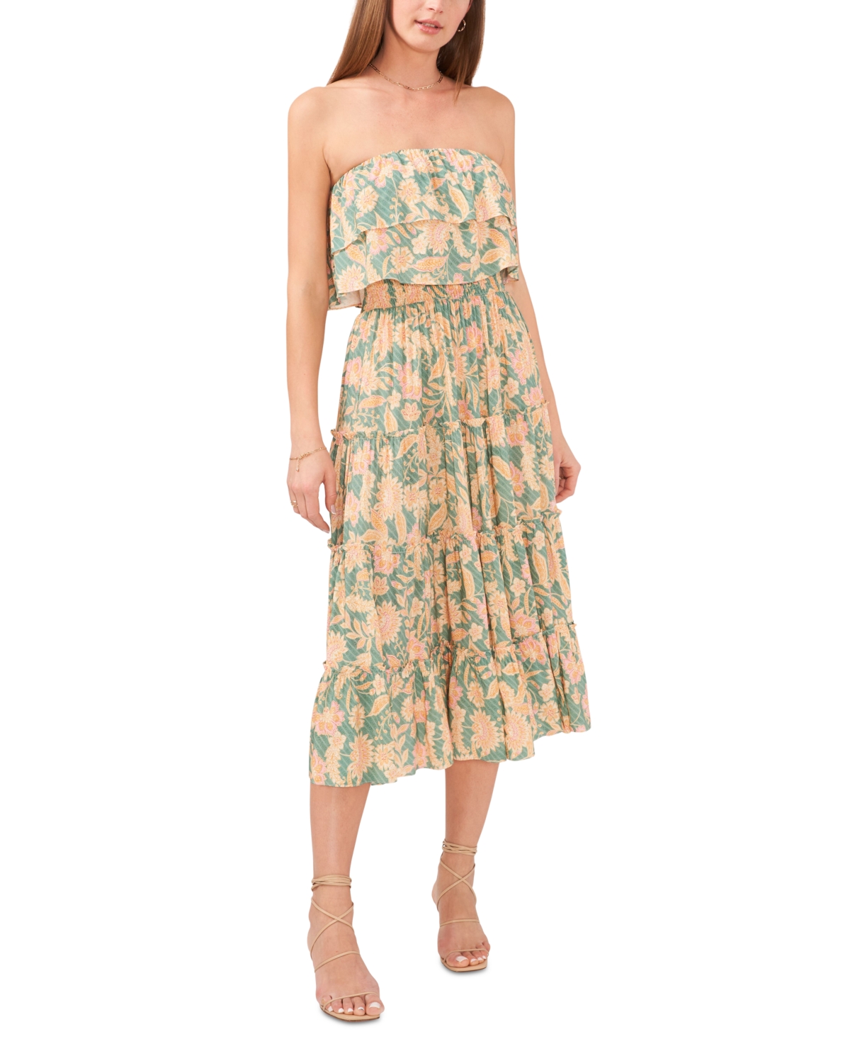 1.state Women's Floral-print Strapless Ruffle-tiered Midi Dress In Green Milieu