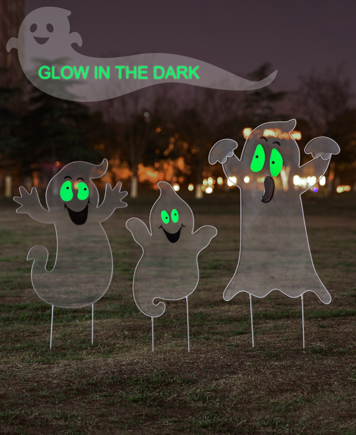 Glitzhome H Halloween Metal Mesh Glow in Dark Ghost Family Yard Stake, Set of 3