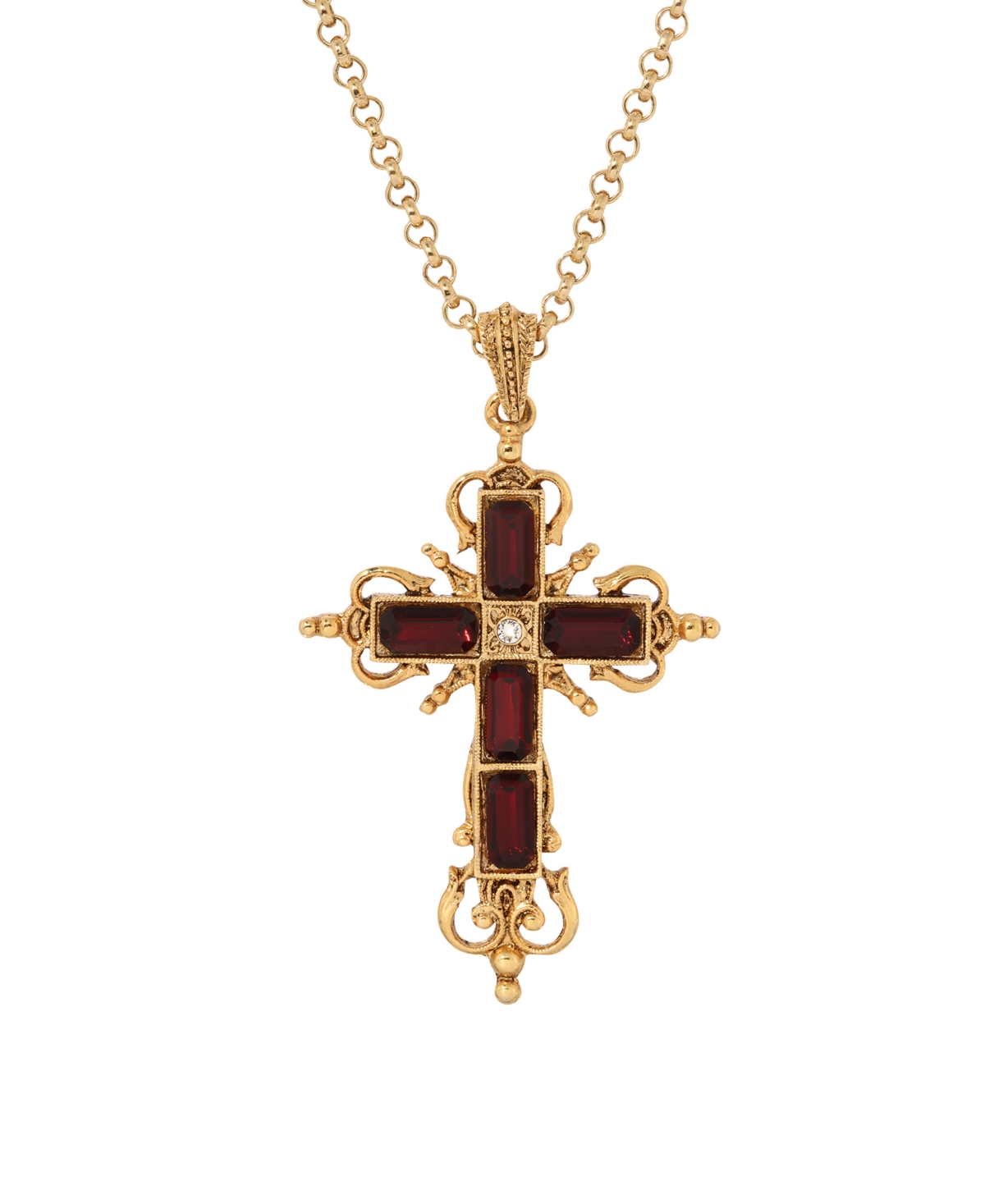 2028 Glass Rectangle Cross Necklace In Red