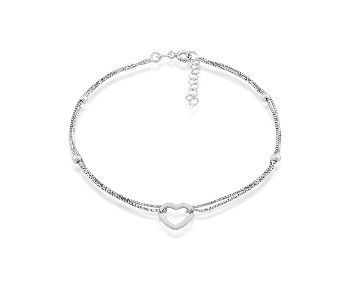 Sterling Silver Double Strand & Open Heart Anklet - Silver