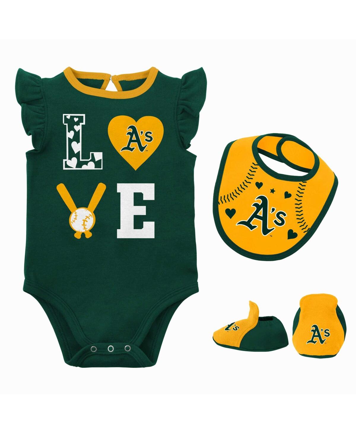 Shop Outerstuff Newborn And Infant Boys And Girls Green, Gold Oakland Athletics Three-piece Love Of Baseball Bib Bod In Green,gold