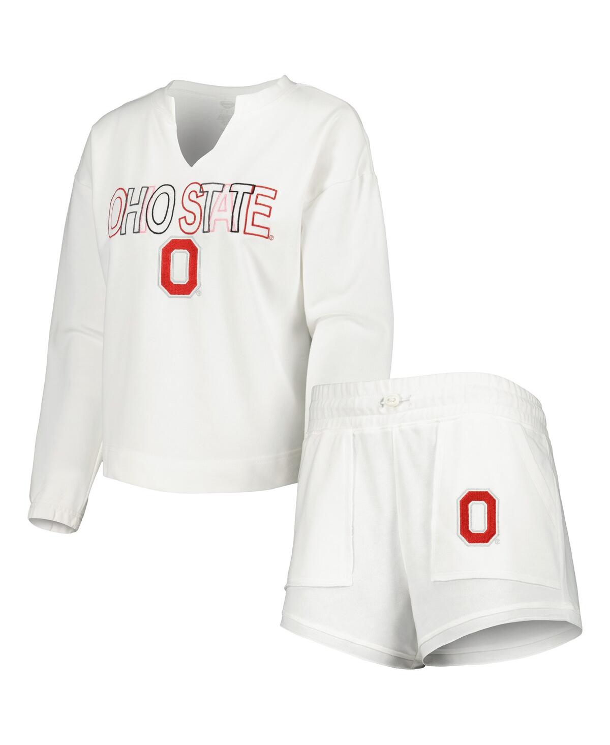 Women's Concepts SportOhio State Buckeyes Sunray Notch Neck Long Sleeve T-shirt and Shorts Set - White