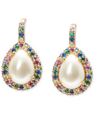 kate spade new york - Gold-Tone Multicolor Pav&eacute; & Pear-Shape Imitation Pearl Drop Earrings