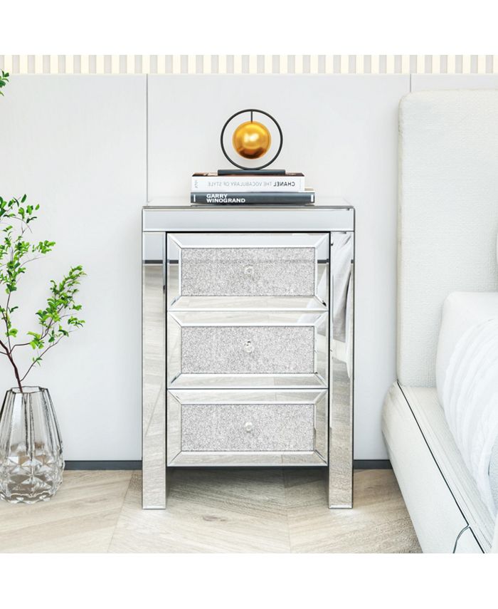 Simplie Fun Mirrored Nightstand, Silver Bedside Tables, Mirrored End