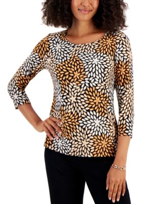 JM Collection - Petite Budding Geo 3/4-Sleeve Jacquard Top