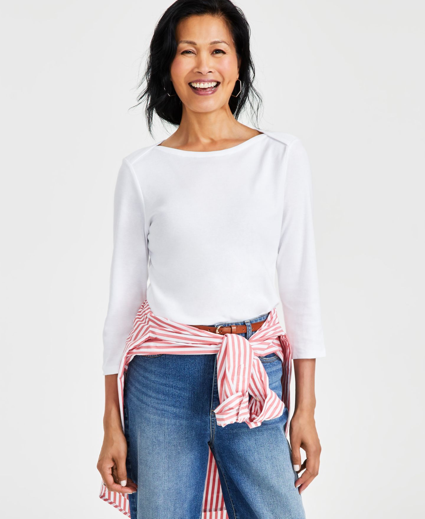 Женский топ Style & Co Petite Pima Cotton 3/4-Sleeve Boat-Neck, цвет: Яркий белый — фото 1